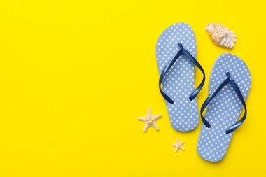 Renkli arka planda parmak arası terlikleri ve deniz kabuğu olan düz bir kompozisyon. Metin üstü görünümü için boşluk.