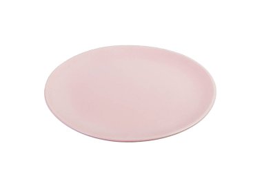 İzole edilmiş beyaz arkaplanda boş pembe plakanın üst görünümü.
