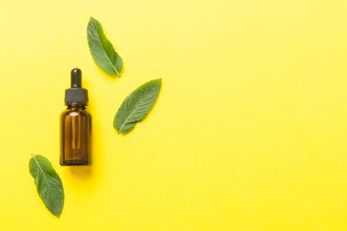 Cam Şişedeki Doğal Nane Özeli Yağı. Renkli arka planda nane özlü bitkisel kozmetik ürünleri.