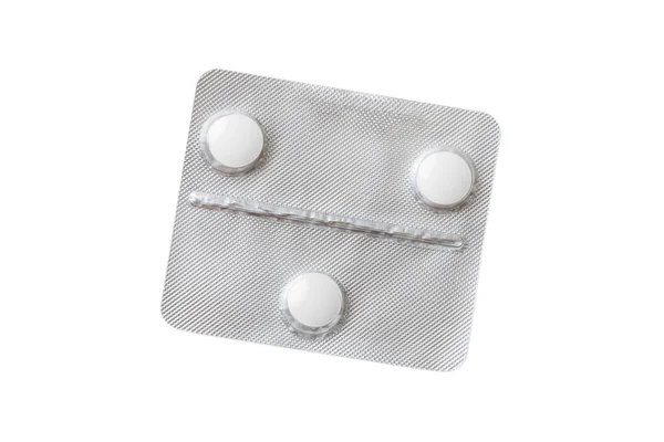 Blister Van Pillen Geïsoleerd Witte Achtergrond Tabletten Een Tafel Apotheek — Stockfoto