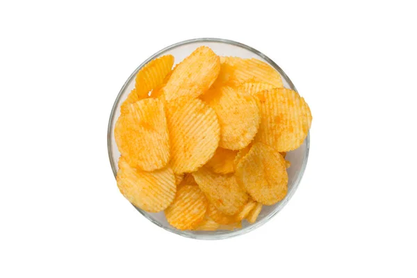 Köstliche Kartoffelchips Schüssel Isoliert Auf Weißem Hintergrund Flache Lage Von — Stockfoto