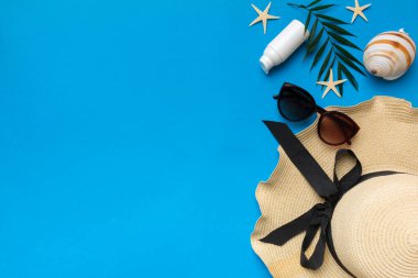 Summer vacation concept flat lay. beach accessories and towel top view. Space for text. travel concept.