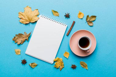 Sonbahar kompozisyonu: Düşen yapraklar ve dizüstü bilgisayarlar renkli arkaplan ile taklit edilir. Üst Manzara. Kopyalama alanı olan düz.