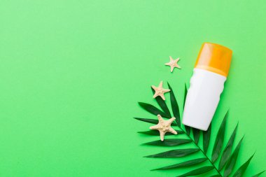 Güneş kremi şişesi. Güneş korumalı krem ve tropik yeşil yapraklı deniz kabukları olan bir şişe..