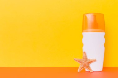 Plaj aksesuarları. Yazın UVB cilt koruması için nemlendirici güneş kremi şişesi ve renkli arka planda deniz kabukları. Kopyalama alanı kullan.