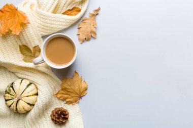 Sonbahar yapraklı bir fincan kakao soyut natürmort yaşam üst görünüm kopyalama alanı.