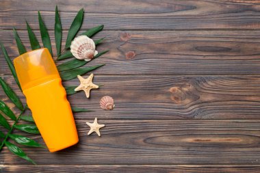 Güneş kremi şişesi. Güneş korumalı krem ve tropik yeşil yapraklı deniz kabukları olan bir şişe..