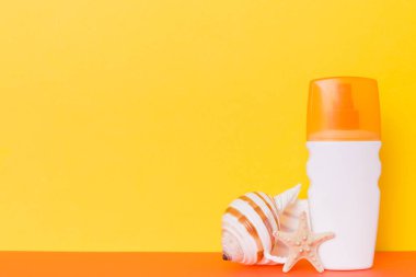 Plaj aksesuarları. Yazın UVB cilt koruması için nemlendirici güneş kremi şişesi ve renkli arka planda deniz kabukları. Kopyalama alanı kullan.