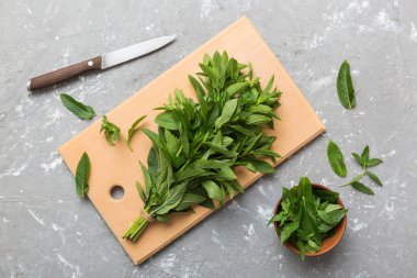Kesme tahtalarında bir demet taze nane, renkli arkaplan görünümü.