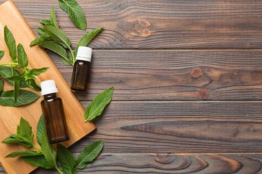 Cam Şişedeki Doğal Nane Özeli Yağı. Renkli arka planda nane özlü bitkisel kozmetik ürünleri.