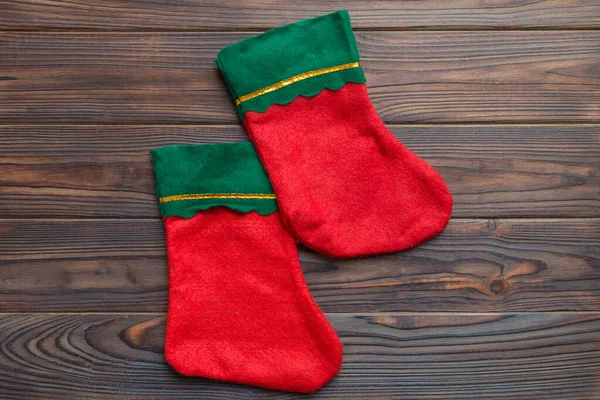 Santa Red Sock Top View Color Background Empty Space Christmas — Stock Photo, Image