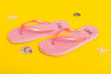 Plaj aksesuarları. Renkli arka planda parmak arası terlik ve denizyıldızı. Üst görünüm Kopyalama alanı ile modelle.