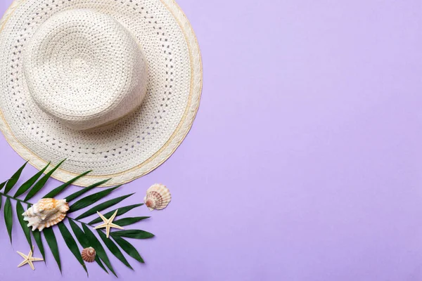 Vacaciones Verano Concepto Verano Con Sombrero Paja Hoja Tropical Plano — Foto de Stock