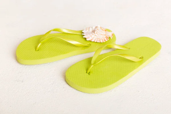 Beach Accessories Flip Flops Starfish Colored Background Top View Mock — Stockfoto