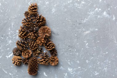 Renkli arka planda doğal konilerden yapılmış Noel ağacı, yukarıdan görünüyor. Kopya alanı ile yeni yıl konsepti.