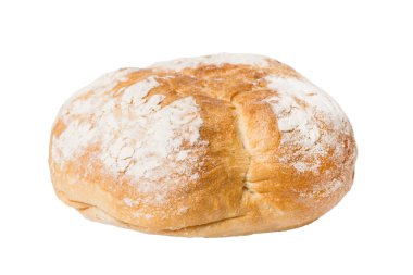 Ekmek üstü görünümü kesildi. Beyaz arka planda taze yemlenmiş ekmek. Taze organik somun..