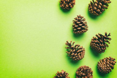 Renkli kağıt kenarlık kompozisyonu üzerinde noel kozalakları. Noel, yeni yıl, kış konsepti. Düz konum, üst görünüm, kopyalama alanı.