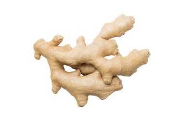 Taze zencefil beyaz arka planda izole, bitkisel sağlık konsepti üst görünümde.