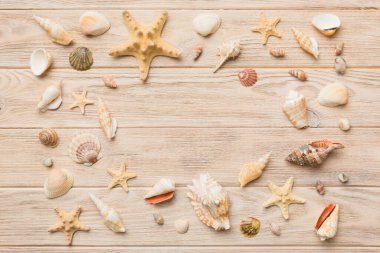 Yaz zamanı konsepti düz kompozisyon ile güzel deniz yıldızları ve deniz kabukları renkli tablo üzerinde yatıyordu, metin için metin alanı ile üst görünüm.