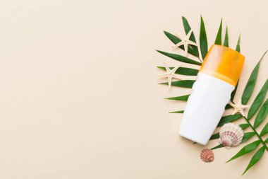 Güneş kremi şişesi. Güneş korumalı krem ve tropik yeşil yapraklı deniz kabukları olan bir şişe..