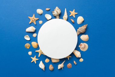 Yaz mevsimi konsepti, boş tebrik kartı ve renkli arkaplan üzerine boş beyaz kağıt. Çerçeve şeklinde deniz kabukları metin üstü görünümü için boşluk ile ayrılmış.