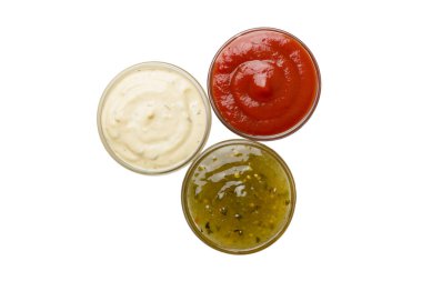 set of bowl with sauce isolated on white backgroundm top view.