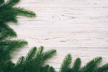 Reklam metinleri için fotokopi alanı olan bir Noel tatili. Renkli arka planda Firavun dalları. Düz yatış, üst görünüm.