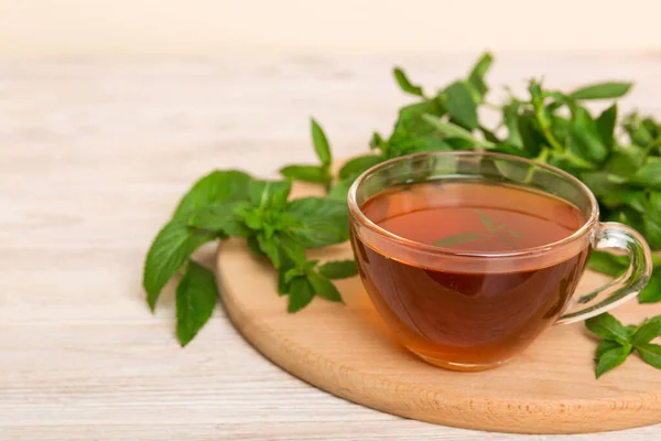 Cup of mint tea on table background. Green tea with fresh mint top view with copy space.