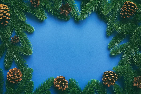 크리스마스 배경에 텍스트 있습니다 오리나무와 소나무로 구성되어 평평하게 위에서 바라본 — 스톡 사진