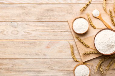 Tahta kasede buğday unu ve renkli arka planda buğday dikenleri. dünya buğday krizi.