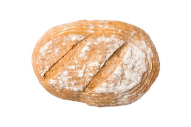 Ekmek üstü görünümü kesildi. Beyaz arka planda taze yemlenmiş ekmek. Taze organik somun..