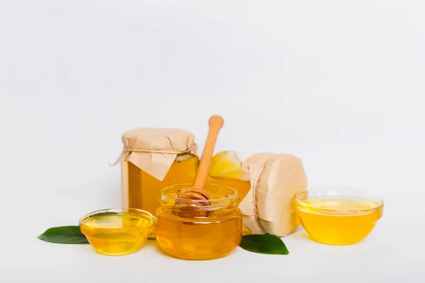 Honey Jar Leaves Honey Dipper Colored Background Top View Copy — Stok Foto