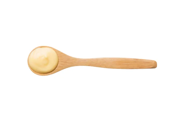 Wooden Spoon Cheese Sauce Isolated White Background Top View — Stock Photo, Image