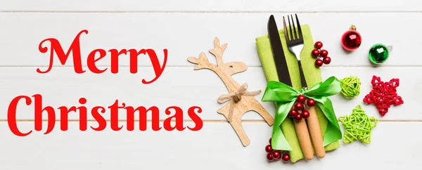 Merry Christmas Text New Year Set Banner Fork Knife Napkin — Stock Photo, Image