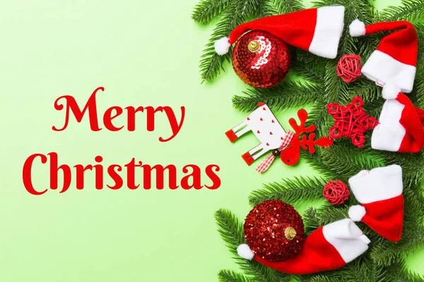 Merry Christmas Text Christmas Composition Made Fir Tree Balls Different — Foto de Stock