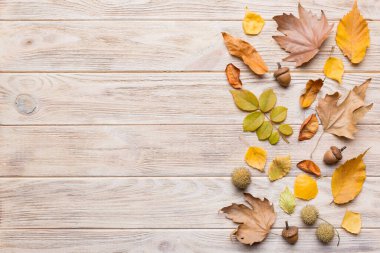 Sonbahar kompozisyonu. Masadaki kurumuş yapraklar ve diğer tasarım aksesuarlarından oluşan desen. Düz yatış, üst görünüm.