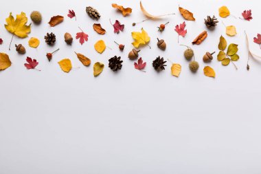 Sonbahar kompozisyonu. Masadaki kurumuş yapraklar ve diğer tasarım aksesuarlarından oluşan desen. Düz yatış, üst görünüm.