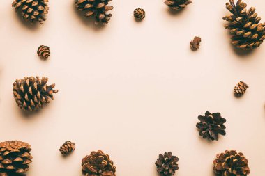 Renkli arka planda minimum yaratıcı koni çerçeve düzenleme şablonu. Düz yatış, üst manzara. Kopya alanı olan noel arkaplanı.