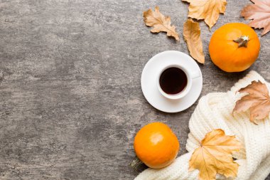 Renkli sonbahar kahve fincanı ve renkli yapraklarla bezenmiş düz bir kompozisyon. en üstteki görünüm.