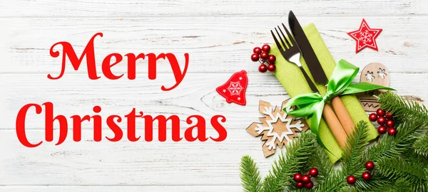 Merry Christmas Text Top View Christmas Decorations Wooden Background Fork — Stock Photo, Image