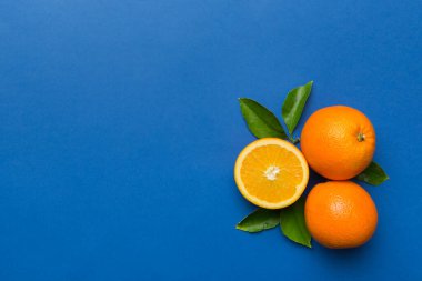 Renkli arka planda taze meyve portakalı dilimleri. Üst Manzara. Uzayı kopyala yaratıcı yaz konsepti. Minimum düzlükte turunçgillerin yarısı kopyalama alanı ile yatar.