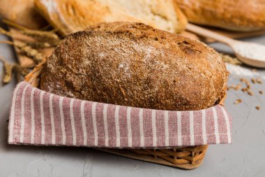 Ev yapımı doğal ekmek. Arkaplan olarak taze ekmeğin farklı türleri, kopya alanı ile perspektif.