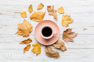 Renkli sonbahar kahve fincanı ve renkli yapraklarla bezenmiş düz bir kompozisyon. en üstteki görünüm.