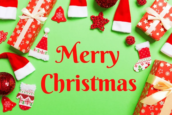 Merry Christmas Text Top View Christmas Decorations Green Background New — Foto de Stock