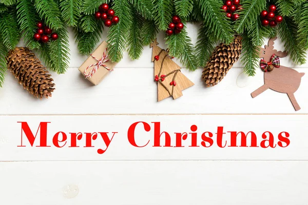 Merry Christmas Text Top View Fir Tree New Year Decorations — Foto de Stock