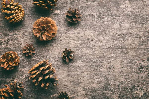 Cones Pinho Natal Composição Borda Papel Colorido Natal Ano Novo — Fotografia de Stock