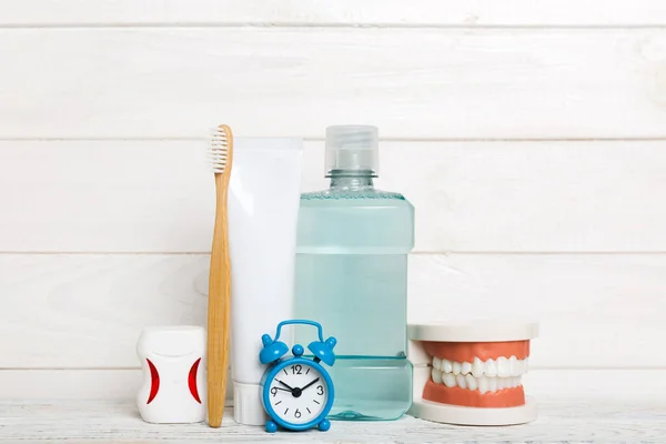 Mouthwash Other Oral Hygiene Products Colored Table Top View Copy — Stock Photo, Image