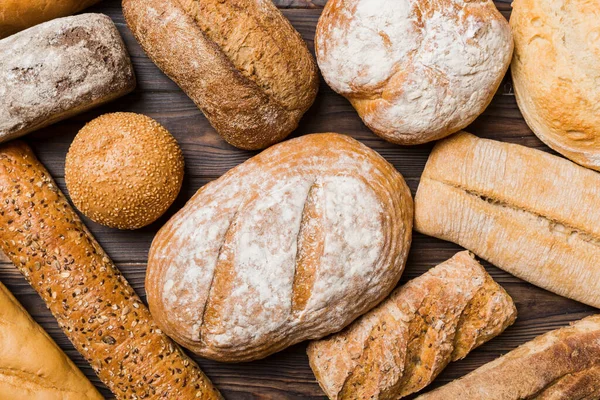 Homemade Natural Breads Different Kinds Fresh Bread Background Top View — Stock Photo, Image