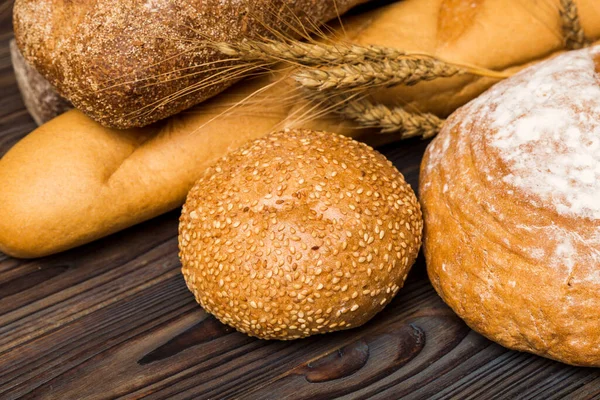 Homemade Natural Breads Different Kinds Fresh Bread Background Perspective View — Stock Photo, Image