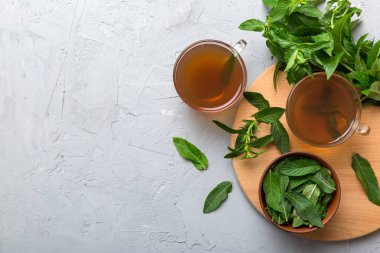 Arka planda bir fincan nane çayı. Fotokopi alanı ile taze nane görünümlü yeşil çay.